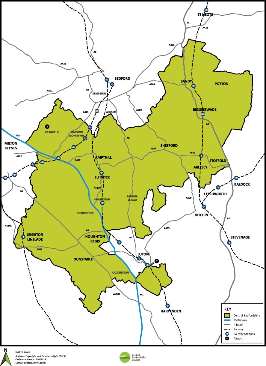 A plan of Central Bedfordshire showing the main road and rail network.